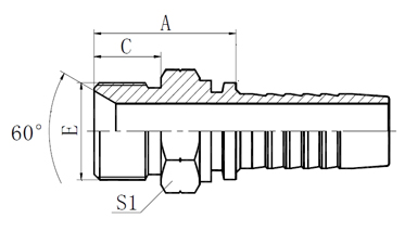     BSPT 外絲接頭  型號(hào) 螺紋E 軟管內(nèi)徑 HOSE BORE 尺寸DIMENSIONS  PART NO THREAD E 公稱內(nèi)徑DN 標(biāo)號(hào)DASH A C S1  F0-130-02-03 R1/8"X28 5 03 22 10 12  F0-130-02-04 R1/8"X28 6 04 22.5 10 12  F0-130-04-04 R1/4"X19 6 04 27 14.5 14  F0-130-04-05 R1/4"X19 8 05 25 15.4 14  F0-130-04-06 R1/4"X19 10 06 27 14.5 17  F0-130-06-04 R3/8"X19 6 04 27.5 15 17  F0-130-06-05 R3/8"X19 8 05 26.5 15 17  F0-130-06-06 R3/8"X19 10 06 27.5 15 17  F0-130-06-08 R3/8"X19 12 08 30 15 19  F0-130-08-06 R1/2"X14 10 06 34.5 20 22  F0-130-08-08 R1/2"X14 12 08 35 20 22  F0-130-08-10 R1/2"X14 6 10 38 20 22  F0-130-08-12 R1/2"X14 20 12 38 20 27  F0-130-12-08 R3/4"X14 12 08 37 20 27  F0-130-12-10 R3/4"X14 16 10 38 20 27  F0-130-12-12 R3/4"X14 20 12 38.5 20 27  F0-130-12-16 R3/4"X14 25 16 39.5 20 32  F0-130-16-12 R1"X11 20 12 44 25.5 36  F0-130-16-16 R1"X11 25 16 45 25.5 36  F0-130-20-20 R1.1/4"X14 32 20 49.5 26.5 46  F0-130-24-24 R1.1/4"X14 40 24 51.5 26.5 50  F0-130-32-24 R1.1/2"X14 40 24 57 30 65  F0-130-32-32 R2"X14 50 32 57 30 65  注：如需SS304材質(zhì)型號(hào)為F0-130S-**-** , 材質(zhì)可選 S：SS304 SS：SS316 C：碳鋼        NPT外絲接頭  型號(hào) 螺紋E 軟管內(nèi)徑 HOSE BORE 尺寸DIMENSIONS  PART NO THREAD E 公稱內(nèi)徑DN 標(biāo)號(hào)DASH A C S1  F0-156S-02-03 Z1/8"X27 5 03 22.5 10.5 12  F0-156S-02-04 Z1/8"X27 6 04 22.5 10.5 12  F0-156S-04-03 Z1/4"X18 5 03 27.5 15 17  F0-156S-04-04 Z1/4"X18 6 04 28 15 17  F0-156S-04-05 Z1/4"X18 8 05 28 15 17  F0-156S-04-06 Z1/4"X18 10 06 27 15 17  F0-156S-06-04 Z3/8"X18 6 04 28 16 19  F0-156S-06-05 Z3/8"X18 8 05 28 16 19  F0-156S-06-06 Z3/8"X18 10 06 30 16 19  F0-156S-06-08 Z3/8"X18 12 08 30.5 16 19  F0-156S-08-06 Z1/2"X14 10 06 34.5 19.5 22  F0-156S-08-08 Z1/2"X14 12 08 34.5 19.5 22  F0-156S-08-10 Z1/2"X14 16 10 36 19.5 22  F0-156S-12-08 Z3/4"X14 12 08 37.5 19.5 27  F0-156S-12-10 Z3/4"X14 16 10 38 19.5 27  F0-156S-12-12 Z3/4"X14 20 12 38.5 19.5 27  F0-156S-12-16 Z3/4"X14 25 16 39.5 19.5 32  F0-156S-16-10 Z1"X11.5 16 10 45 25.5 36  F0-156S-16-12 Z1"X11.5 20 12 45 25.5 36  F0-156S-16-16 Z1"X11.5 25 16 44.5 25.5 36  F0-156S-20-16 Z1.14"X11.5 25 16 49.5 26.5 46  F0-156S-20-20 Z1.14"X11.5 32 20 49 26.5 46  F0-156S-24-24 Z1.12"X11.5 40 24 51 27.5 50  F0-156S-32-32 Z2"X11.5 50 32 55 27.5 65  注：如需SS316材質(zhì)編碼為F0-156SS-xx-xx , 材質(zhì)可選 S：SS304 SS：SS316 C：碳鋼        G螺紋外絲接頭  型號(hào) 螺紋E 軟管內(nèi)徑 HOSE BORE 尺寸DIMENSIONS  PART NO THREAD E 公稱內(nèi)徑DN 標(biāo)號(hào)DASH A C S1  F0-126S-02-03 G1/8"X28 5 03 22 10 12  F0-126S-04-04 G1/4"X19 6 04 24.5 12 14  F0-126S-06-05 G3/8"X19 8 05 26 13.5 17  F0-126S-06-06 G3/8"X19 10 06 27.5 13.5 17  F0-126S-06-08 G3/8"X19 12 08 26.5 16 19  F0-126S-08-06 G1/2"X14 10 06 30.5 16 22  F0-126S-08-08 G1/2"X14 12 08 31 17.5 22  F0-126S-10-08 G5/8"X14 12 08 32.5 17.5 24  F0-126S-10-10 G5/8"X14 16 10 33.5 18.5 24  F0-126S-12-08 G3/4"X14 12 08 35.5 18.5 27  F0-126S-12-10 G3/4"X14 16 10 37 18.5 27  F0-126S-12-12 G3/4"X14 20 12 36.5 20.5 27  F0-126S-16-12 G1"X11 20 12 40.5 20.5 36  F0-126S-16-16 G1"X11 25 16 41.5 20.5 36  F0-126S-20-16 G1.1/4"X11 25 16 43.5 20.5 46  F0-126S-20-20 G1.1/4"X11 32 20 44.5 20.5 46  F0-126S-24-20 G1.1/2"X11 32 20 49 23 50  F0-126S-24-24 G1.1/2"X11 40 24 46 23 50  F0-126S-32-32 G2"X11 50 32 53.5 25.5 65  注：如需SS316材質(zhì)編碼為F0-126SS-xx-xx , 材質(zhì)可選 S：SS304 SS：SS316 C：碳鋼    產(chǎn)品：外絲接頭  品牌：RIGFLEX 工業(yè)接頭 低壓接頭  簡介：RIGFLEX外絲接頭，廣泛用于海洋、石油、化工、港口、礦山、汽車、農(nóng)業(yè)、航天工程，工業(yè)建設(shè)，城市建設(shè)等連接領(lǐng)域。